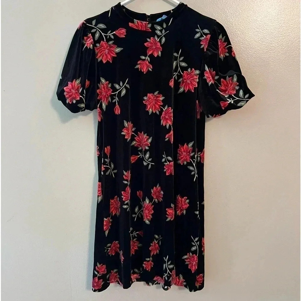 Draper James Floral Velvet Black Red Holiday Christmas Puff Sleeve‎ Small Dress
